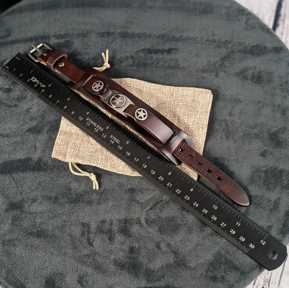 Leather and silver metal star wide bracelet, cowboy Texas Lonestar - Picture 5 of 8